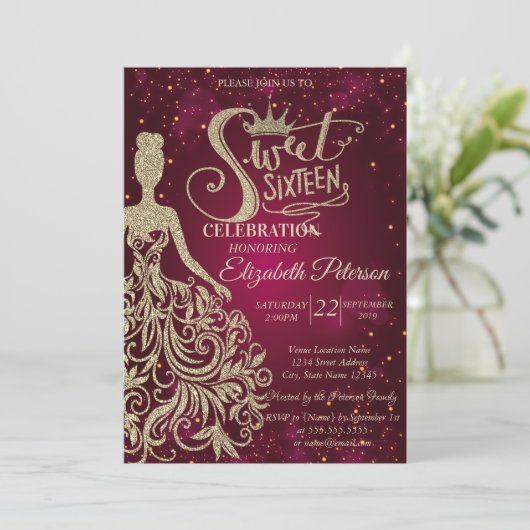 Gouden Glitter Jurk,Tiara, Diamanten Sweet 16 Kaart (Staand voorkant)