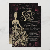 Gouden Glitter Jurk, Tiara, Diamonds Donkere Rozen Kaart (Voorkant / Achterkant)