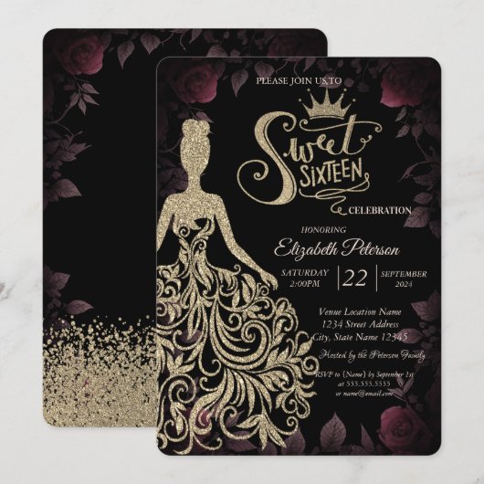 Gouden Glitter Jurk, Tiara, Diamonds Donkere Rozen Kaart (Voorkant / Achterkant)