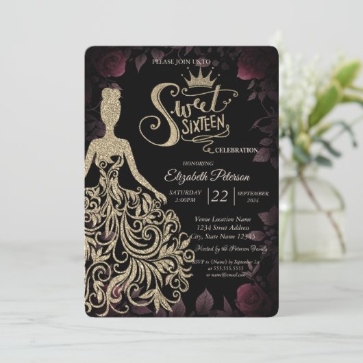 Gouden Glitter Jurk, Tiara, Diamonds Donkere Rozen Kaart (Staand voorkant)