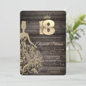 Gouden Glitter Jurk,Tiara,Houten 18e Verjaardag Kaart (Staand voorkant)