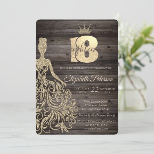 Gouden Glitter Jurk,Tiara,Houten 18e Verjaardag Kaart (Staand voorkant)