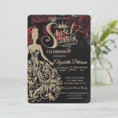 Gouden glitter jurk, tiara, rode rozen gotisch kaart (Staand voorkant)