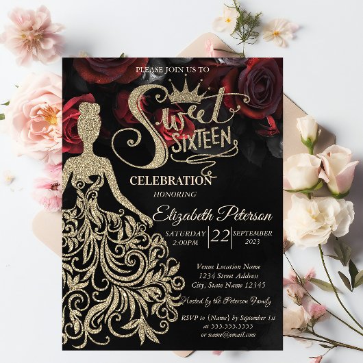 Gouden glitter jurk, tiara, rode rozen gotisch kaart