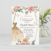 Gouden Glitter Jurk Vlinder Bloemen Quinceanera Kaart (Staand voorkant)