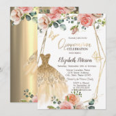 Gouden Glitter Jurk Vlinder Bloemen Quinceanera Kaart (Voorkant / Achterkant)