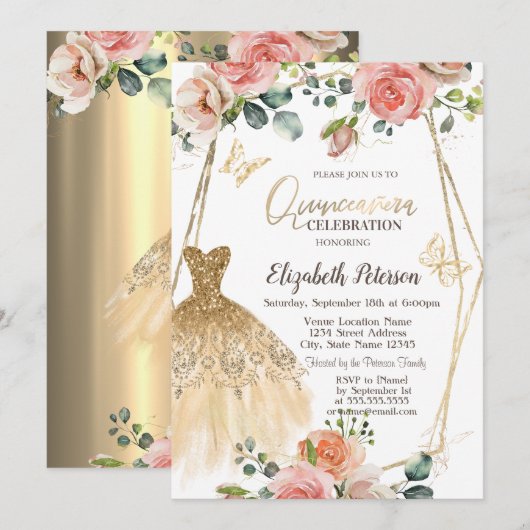 Gouden Glitter Jurk Vlinder Bloemen Quinceanera Kaart (Voorkant / Achterkant)
