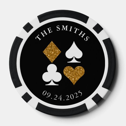 Gouden Glitter Kaart Suit Bruiloft Datum en Naam F Poker Chips (Achterkant)