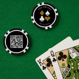 Gouden Glitter Kaart Suit Bruiloft Datum Naam QR c Poker Chips