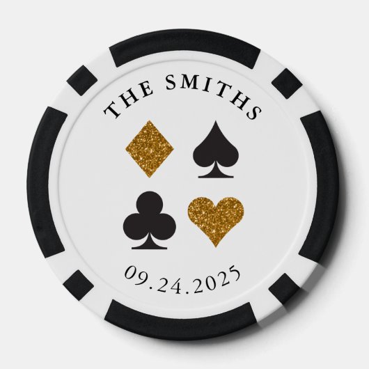 Gouden Glitter Kaart Suits Trouwdatum en naam Poker Chips (Achterkant)