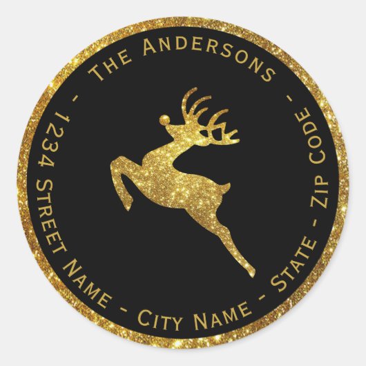 Gouden Glitter Kerst Herten retour adreslabel Ronde Sticker (Voorkant)