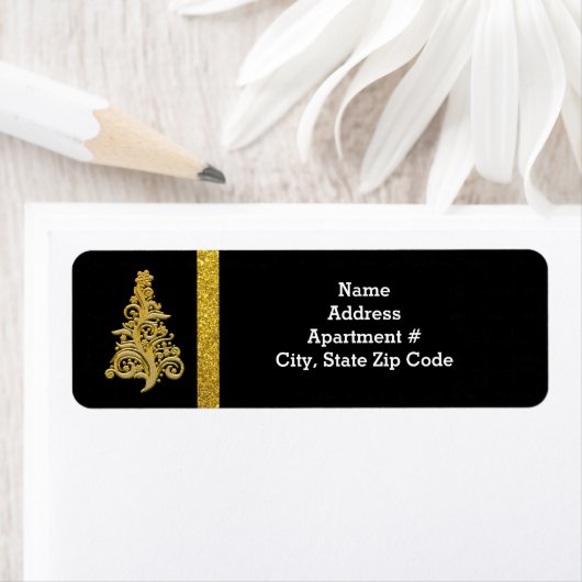 Gouden Glitter Kerstboom op Zwarte Retour Etiket (Insitu)