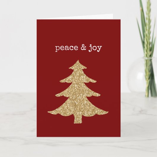 Gouden Glitter Kerstboom Rode Vrede Vreugde Kaart (Voorkant)