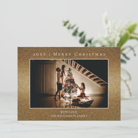Gouden Glitter Kerstmis Fotokaart Feestdagenkaart (Staand voorkant)