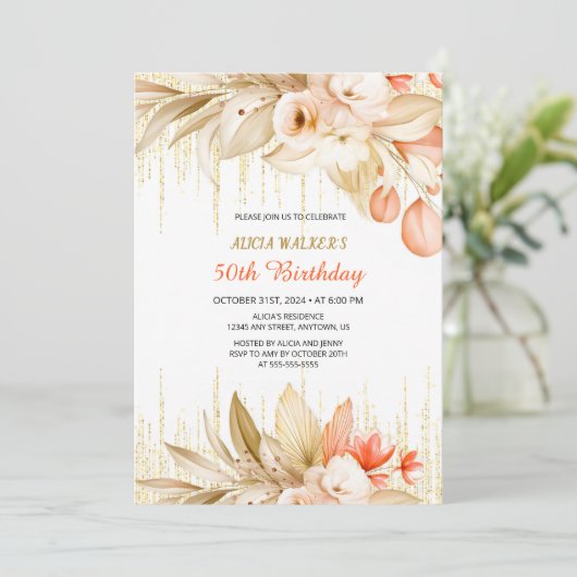 Gouden Glitter Ketting Geel Oranje Bloemige Verjaa Kaart (Staand voorkant)