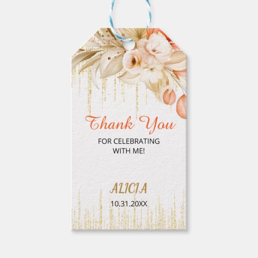 Gouden Glitter Ketting Geel Sinaasappel Bloem Verj Cadeaulabel (Voorkant)