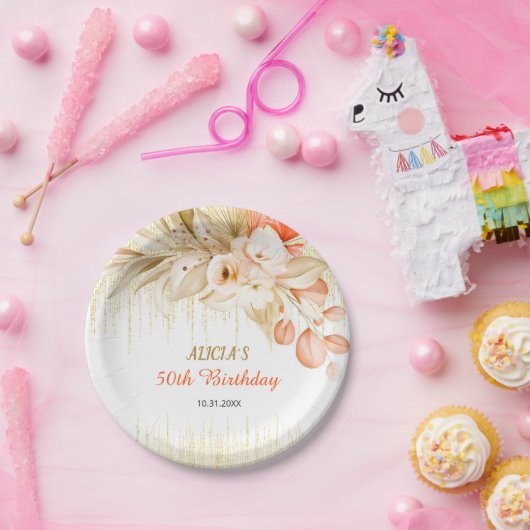 Gouden Glitter Ketting Geel Sinaasappel Bloem Verj Papieren Bordje (Feest)