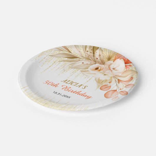 Gouden Glitter Ketting Geel Sinaasappel Bloem Verj Papieren Bordje (Gekanteld)