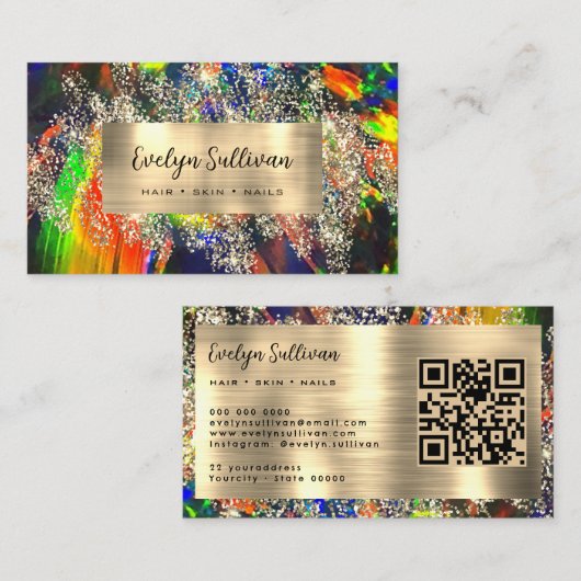 Gouden glitter kleurrijk zwart opaal visitekaartje (Voorkant / Achterkant)