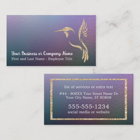 Gouden Glitter kolibrie op donkere holografische Visitekaartje (Voorkant / Achterkant)