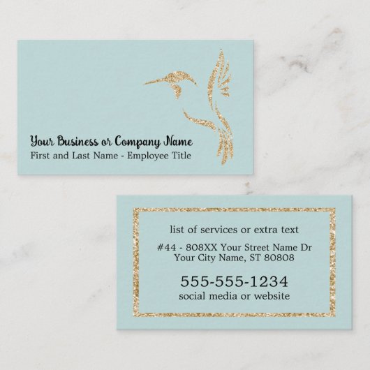 Gouden Glitter kolibrie op Licht Blauwgroen Visitekaartje (Voorkant / Achterkant)