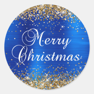 Gouden Glitter Koningsblauw Folie Prettig Kerstfee Ronde Sticker