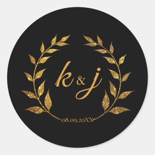 Gouden Glitter Krans Monogram Bruiloft Save the Da Ronde Sticker (Voorkant)