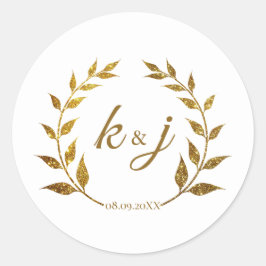 Gouden Glitter Krans Monogram Bruiloft Save the Da Ronde Sticker