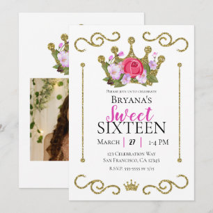 Gouden Glitter Kroon Bloem Foto Sweet 16 Feestje Kaart