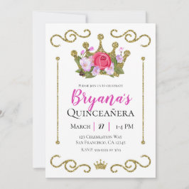 Gouden Glitter Kroon Bloemen Foto Quinceñera Feest Kaart