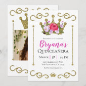 Gouden Glitter Kroon Bloemen Foto Quinceñera Party Kaart (Voorkant / Achterkant)