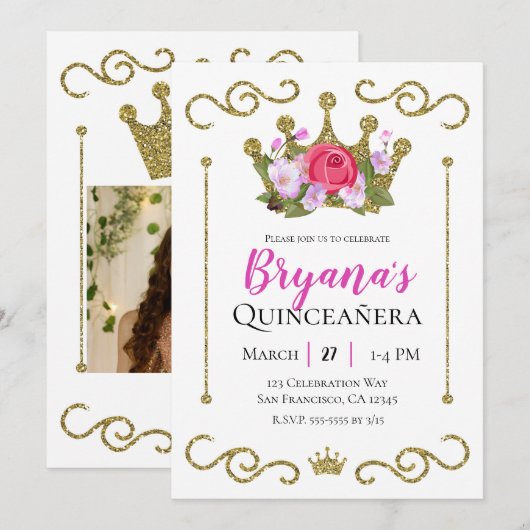 Gouden Glitter Kroon Bloemen Foto Quinceñera Party Kaart (Voorkant / Achterkant)