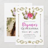 Gouden Glitter Kroon Bloemen Foto Quinceñera Party Kaart (Voorkant / Achterkant)