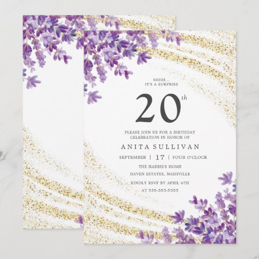 Gouden Glitter Lavendel Bloemen Twintigste Verjaar Kaart (Voorkant / Achterkant)