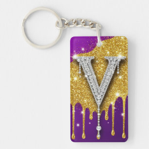 Gouden Glitter Letter V Op Maat Gemaakte Initiaal Sleutelhanger