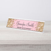 Gouden Glitter Lichtroze Gradiënt Bureau Naambordje (Voorkant)