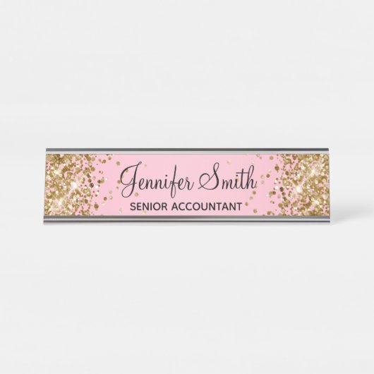Gouden Glitter Lichtroze Gradiënt Bureau Naambordje (Voorkant)