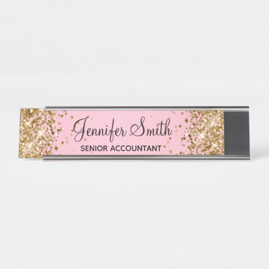 Gouden Glitter Lichtroze Gradiënt Bureau Naambordje (Voorkant)