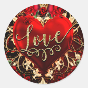 Gouden Glitter Liefdeshart & Rode Rozen Feest Favo Ronde Sticker