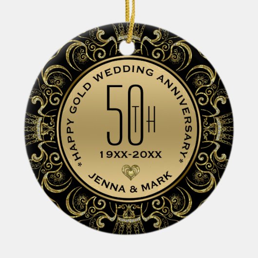 Gouden Glitter Lijst 50e bruiloft Jubileum Keramisch Ornament (Voorkant)