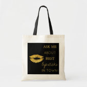 Gouden glitter lippen print zwart vraag me promoti tote bag (Voorkant)