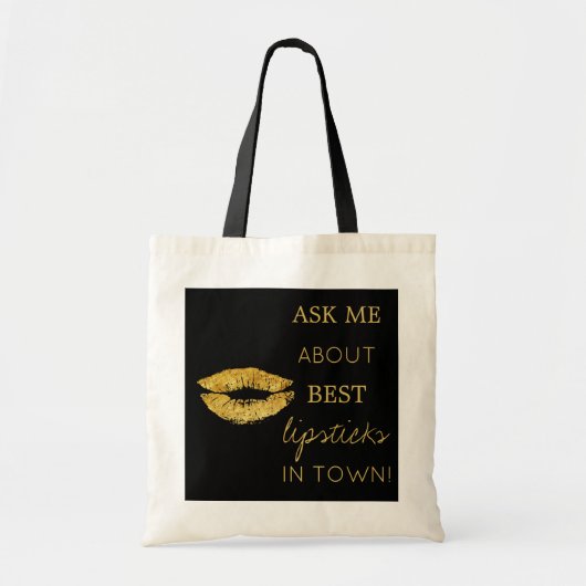 Gouden glitter lippen print zwart vraag me promoti tote bag (Voorkant)