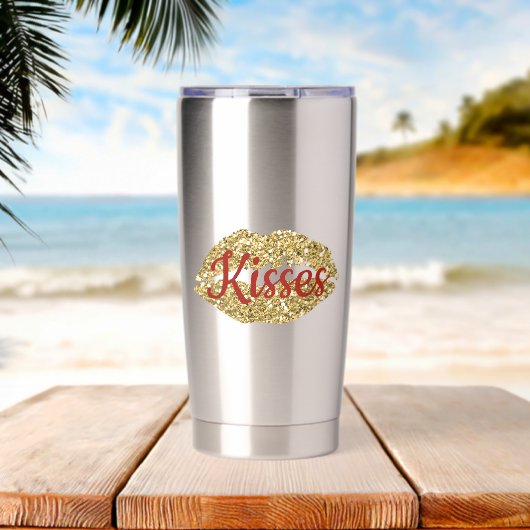 Gouden Glitter Lippen Rode Kussen Geïsoleerde Drinkbeker (Strand (Gedraaid) )