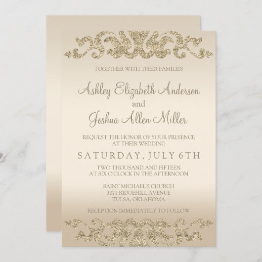 Gouden Glitter look bruiloft uitnodigingen (Voorkant / Achterkant)