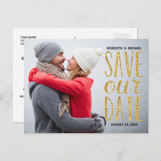 Gouden Glitter-Look Lettering Foto Sla de datum op Aankondigingskaart (Voorkant / Achterkant)