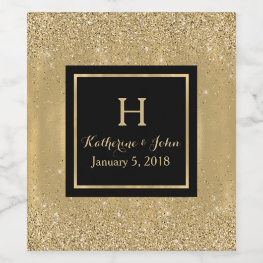 Gouden Glitter Look Monogram Bruiloft Wijn Label Etiket (Enkel label)