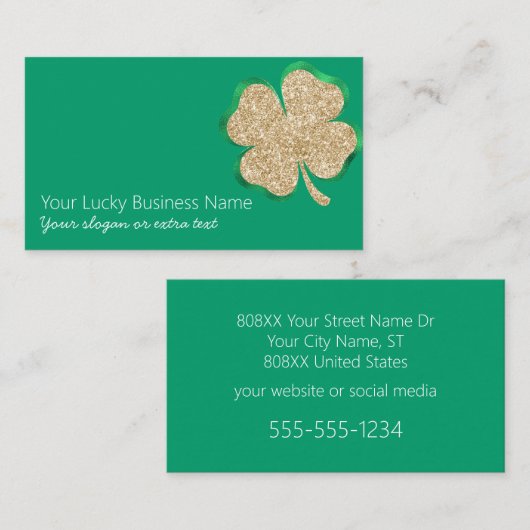 Gouden Glitter Lucky Four Leaf Clover op Groen Visitekaartje (Voorkant / Achterkant)