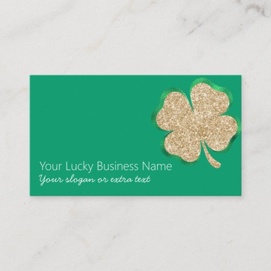 Gouden Glitter Lucky Four Leaf Clover op Groen Visitekaartje (Voorkant)