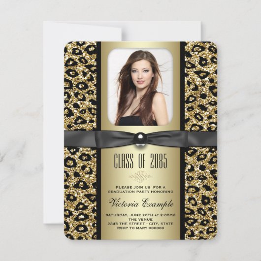 Gouden Glitter Luipaard Afstudeer Uitnodiging (Voorkant)