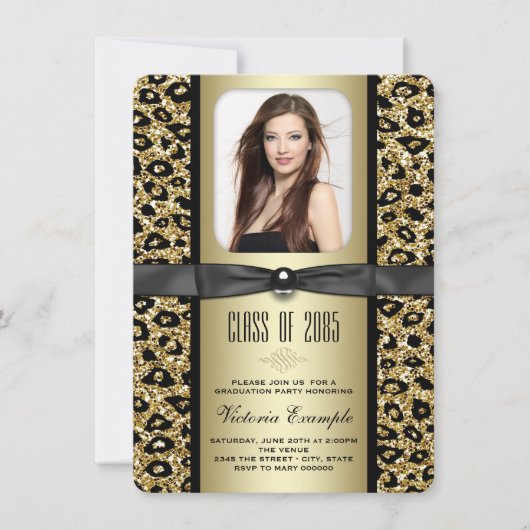 Gouden Glitter Luipaard Afstudeer Uitnodiging (Voorkant)